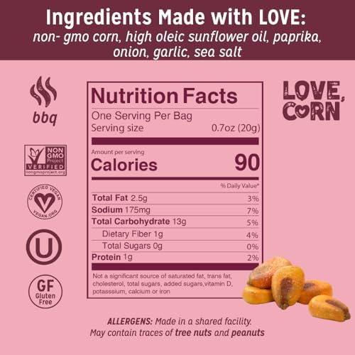 LOVE CORN BBQ | Delicious Crunchy Corn Snacks | .07oz x 20 Gluten Free, Vegan Bags | Convenient for Lunch Boxes, Commuting & Office Snacks