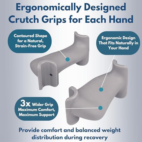 Ergo Grip® Ergonomic Crutch Hand Grips – Comfortable Replacement Handles for Standard Underarm Crutches – Padded, Non-Slip Design Reduces Wrist Pressure – No Assembly Required (Grey, 1 Pair)