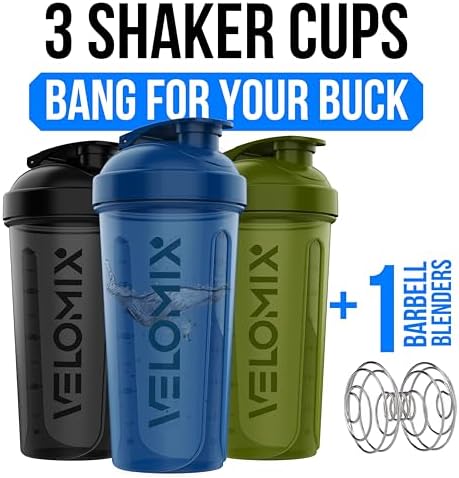 VELOMIX -3 PACK- 18 oz Protein Shaker Bottle for Protein Mixes - 1x Wire Whisk | Leak Proof Shaker Cups for Protein Shakes | Stackable Protein Shaker Bottle Pack | Dishwasher Safe