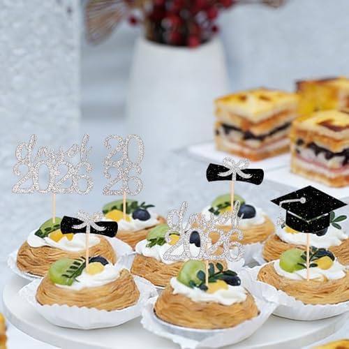 24Pcs Class of 2026 Graduation Cupcake Toppers, Glitter Black & Gold Grad Cap Diploma Cake Decorations, 4 Styles Graduation Cake Picks for 2026 Graduation Party Supplies(Silver)