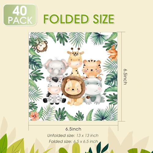 40Pcs Safari Animals Paper Napkins Green Jungle Disposable Baby Shower Decorations for Animal Theme Birthday Party Wild Animals Birthday Decorations Party Supplies 6.5" x 6.5"inch