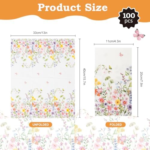 100Pcs Disposable Floral Paper Napkins Decorative Bathroom Napkins Guest Disposable Wild Flower Hand Towels Dinner Party Napkins for Wedding Birthday Party Baby Shower