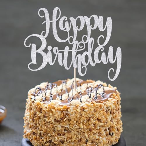 Happy Birthday Cake Topper- Glitter Happy Birthday Cake Decor, Handmade Anniversary/Birthday Party Supplies (Silver)