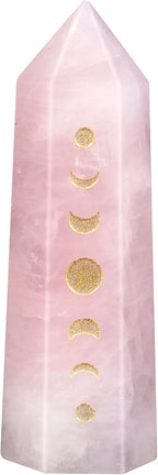 Rockcloud Moon Phase Engraved Crystal Point, Lunar Eclipse Hexagonal Wand Pocket Stone for Reiki Meditation Home Decoration, Rose Quartz