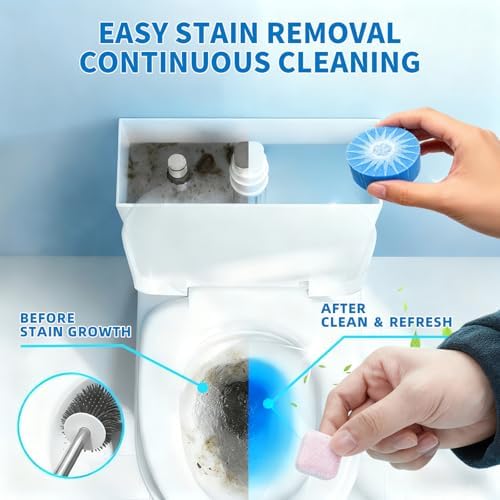 2-in-1 Toilet Cleaning Tablets (24 Pack) - 8 Effervescent Toilet Bowl Stain Remover and 16 Blue Toilet Tank Cleaner Tablets - Limescale Removal for Septic System