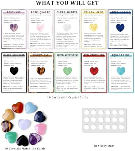 Heart-Shaped Healing Crystals Set – 10PCS Natural Crystal Hearts, Amethyst & Rose Quartz Gemstones with Card Deck, Spiritual Gifts for Women & Beginners