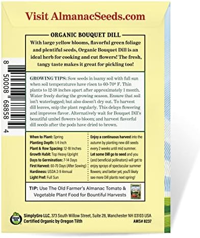 The Old Farmer's Almanac Organic Dill (Bouquet) Seeds - Approx 750 Seeds - Certified Organic, Non-GMO, Open Pollinated, Heirloom, USA Origin