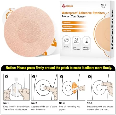 Carbou Freestyle Libre 2/3 Sensor Covers,20PCS Freestyle Adhesive Patches Waterproof CGM Cover for Libre,Enlite,Guardian –No Glue in The Center,Long Fixation for Your Sensor