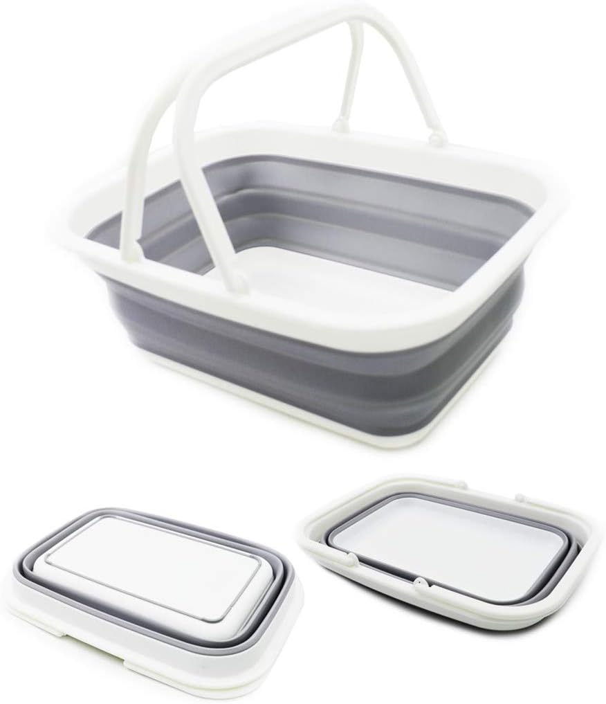 SAMMART SAMMART 9.2L (2.37Gallon) Collapsible Tub with Handle - Portable Outdoor Picnic Basket/Crater - Foldable Shopping Bag - Space Saving Storage Container (1, White/Grey)