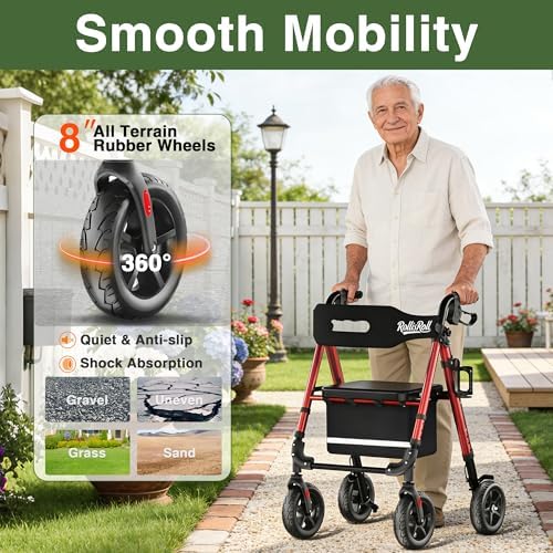 Walkers for Seniors Taller 5.3~7ft, Lightweight Foldable Rollator Walker, Built in Cable, Reinforced Aluminum Frame, 8" Big Rubber Wheels for All Terrain, 350lb Weight Capacity, Burgundy
