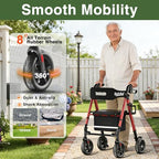 Walkers for Seniors Taller 5.3~7ft, Lightweight Foldable Rollator Walker, Built in Cable, Reinforced Aluminum Frame, 8" Big Rubber Wheels for All Terrain, 350lb Weight Capacity, Burgundy