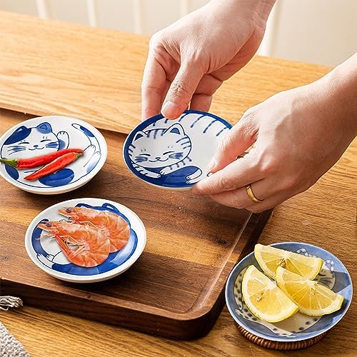 4 Pcs 4 Inches Cute Cat Soy Sauce Dish,Ceramic Cat Bowls,Japanese Cat Plates,Dipping Bowls,Snack Dish,Small Ceramic Saucers Plates, Sushi Plate Set, Mini Bowls, Small Bowls for Sides Dish (4 Inch)