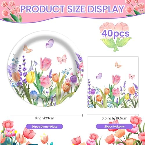 Spring Paper Plates 20 pcs and Napkins 20 pcs 9-Inch Disposable Floral Plates with Tulip Design; Garden Party Decorations for Birthdays, Bridal Showers, Baby Showers, and Tea Parties