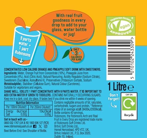 Robinsons Double Strength Orange & Pineapple Fruit Squash No Added Sugar 1750Ml (Pack of 1)