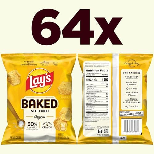 Baked Lay’s Potato Chips, Original, 1.125 oz Bags, (64 Pack), 50% Less Fat, Gluten Free, No Artificial Flavors, No Colors from Artificial Sources