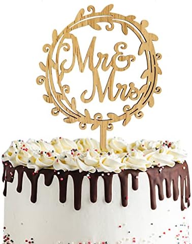"yueton Mr & Mrs Wooden Cake Topper, Chic Rustic Style Wedding Engagement Cake Topper, Mr and Mrs Wreath Cake Decoration, Wedding Anniversary Party Supplies - with a Gift Box"