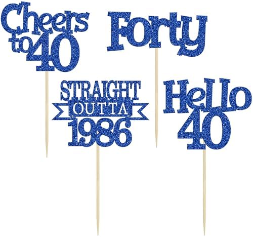 Ephlyn 24Pcs Happy 40th Birthday Cupcake Toppers Glitter Forty Straight Outta 1986 Cupcake Picks Hello 40 Cheers to 40 Years Birthday Cake Decorations for 40th Birthday Anniversary Party Supplies Blue