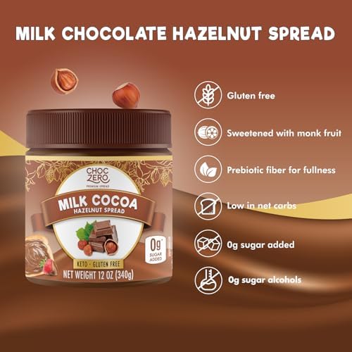 ChocZero Milk Chocolate Hazelnut Spread - No Added Sugar, Keto Friendly Low-Carb Chocolate Hazelnut Dessert & Bread Topping, Gluten Free, High Fiber, 12 oz Jar