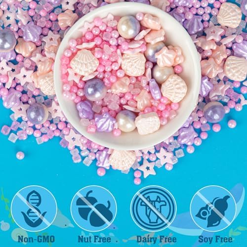 Twisweet Seashell Sprinkles for Cake Decorating, Edible Pink Sugar Sprinkles Purple Pearl Mix Baking Candy, Ocean Theme Cake Topper Cupcake Cookie Ice Cream Decorations, Birthday Children's Summer Theme Party Supplies (130g/4.58oz)