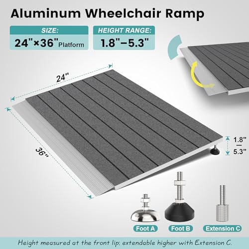 Threshold Ramps for Wheelchairs, Adjustable Height 1.8"–5.3" and 24"×36" Platform Aluminum Wheelchair Ramp, Door Threshold Ramps with a Non-Slip Thick Door Mat for Scooters, Power Chairs, Cart