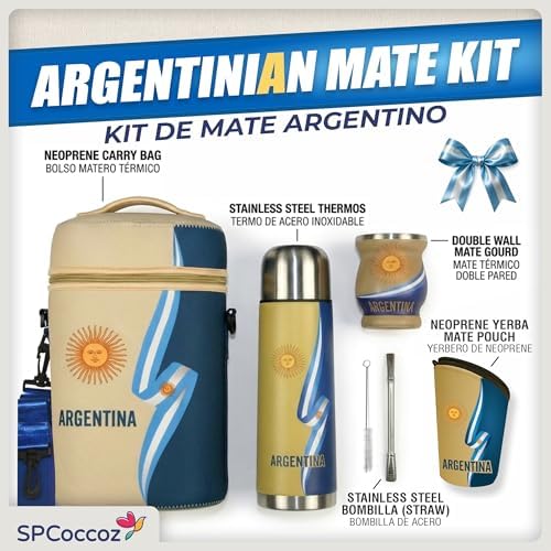 Yerba Mate Cup Set – Complete Argentine Yerba Mate Kit - 750 ml Stainless Steel Bottle, Mate Gourd, Bombilla, Neoprene Bag, Yerba Container & Gift Box (Cinta Argentina con Sol)