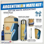 Yerba Mate Cup Set – Complete Argentine Yerba Mate Kit - 750 ml Stainless Steel Bottle, Mate Gourd, Bombilla, Neoprene Bag, Yerba Container & Gift Box (Cinta Argentina con Sol)