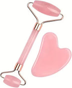 Rose Quartz Facial Roller and Gua Sha Stone Set, Pink Jade Face Massage Tools for Skin Care, 2 Piece Set
