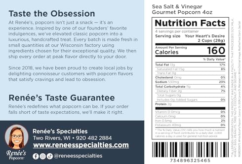 Renée’s Sea Salt and Vinegar™ Gourmet Popcorn -tangy slightly sour vinegar and pure sea salt, creates a classic combo elevated on fresh popped corn, snack or gift – resealable, 4oz bag.