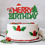 Merry Birthday Cake Topper Red &Green Glitter Christmas Birthday Cake Decoration Christmas Birthday Party Cake Food Picks for Winter Onederland Xmas Birthday Baby Shower Decorations