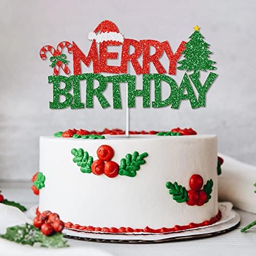 Merry Birthday Cake Topper Red &Green Glitter Christmas Birthday Cake Decoration Christmas Birthday Party Cake Food Picks for Winter Onederland Xmas Birthday Baby Shower Decorations