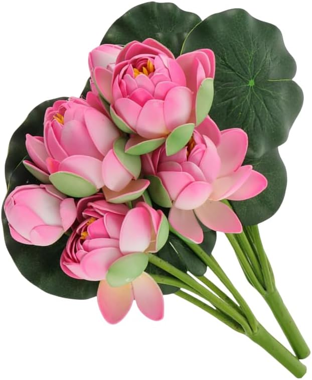2Pcs Artificial Lotus Flower Decor, 12.5inch 7 Head Water Lilies, Outdoor Pond Plants, Silk Artificial Flower Lotus, Household Living Room and Dining Table Decoration (Pink)