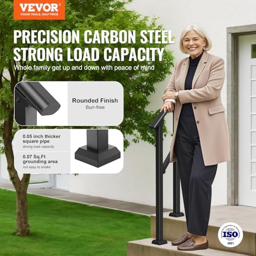 VEVOR Handrails for Outdoor Steps, 1 Step Stair Hand Rail Kit, Transitional Carbon Steel Railings with Installation Kit, Stair Rails for Seniors, Concrete Steps & Porch & Deck, Black Square Tube