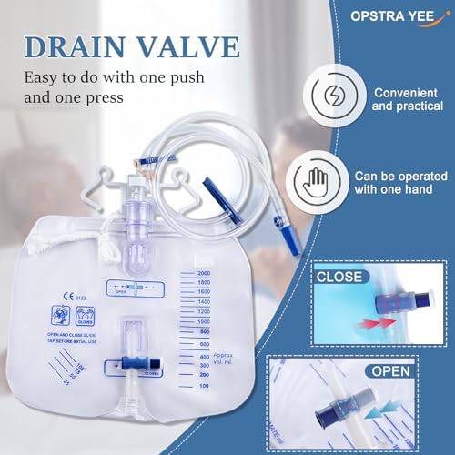 5 Pack 2000ml Urine Drainage Bag with 48" Tube, Leak Proof Anti Reflux with Cross-Shaped Drainage Valve and Dual Hook for Easy Hanging