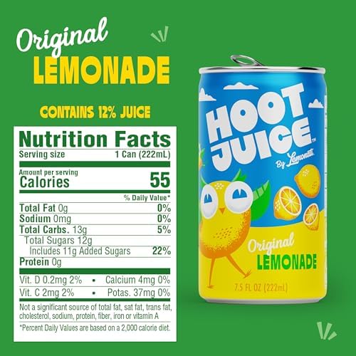 Hoot Juice Lemonade By Lemonati, No Artificial Sweeteners or Flavors, Gluten-Free, Kosher, Non-GMO, Vegan, 7.5 Fl Oz Mini-Cans, Pack of 24, Original Lemonade