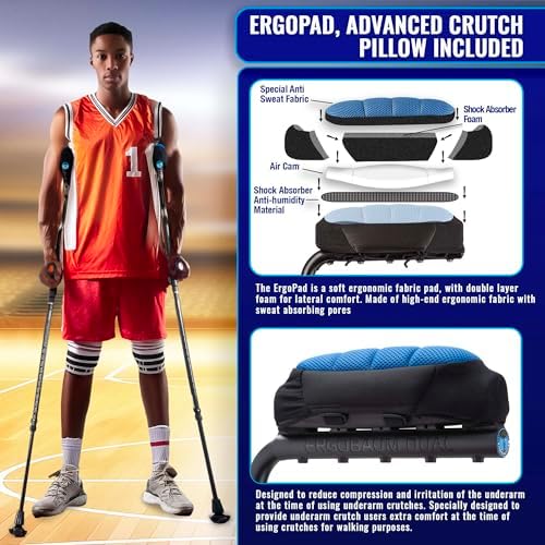 Ergobaum Dual Crutches (5’–6’6”) 1 Pair (2 Units) of Ergonomic Underarm Crutches With Arm Support Features Shock Absorption, Padding, High Performance Tips, Adjustable, Ergonomic Grip, Foldable(Black)