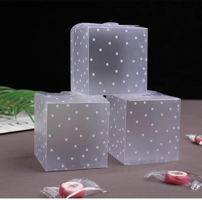 50pcs Frosted Translucent Polka Dots PVC Candy Box Wedding Favors Christmas Party Cube Gift Boxes Sweets Candy Cake Gift Bags (6x6x6cm)