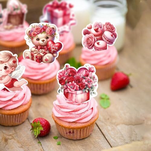 42Pcs Edible Valentines Day Cupcake Toppers Sweet Love Heart Bear Be Mine Valentines Cupcake Valentine Cake Topper for Wedding Valentine's Theme Party Cake Decoration Supplies