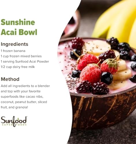 Sunfood Superfoods Organic Acai Powder - Acai Powder Organic, Acai Powder for Smoothie Bowles, Dried Acai Berry Mix with Antioxidants & Vitamin C, 100% Pure, USDA Organic, Non GMO - 4 Oz Bag
