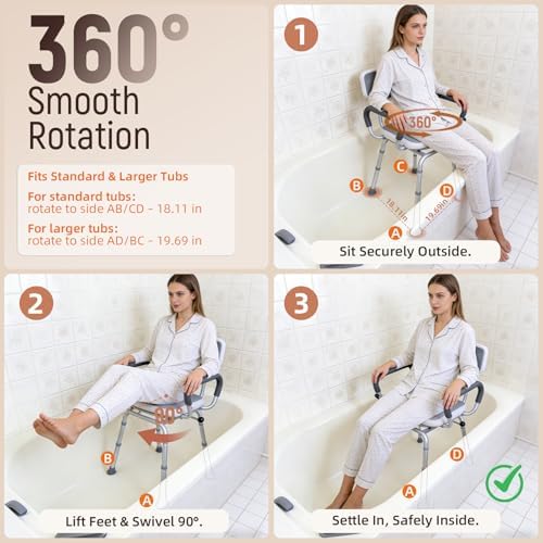 Swivel Shower Chair with Arms & Back, 400lbs Heavy Duty Shower Chair for Elderly and Disabled, Height Adjustable Shower Stool for Inside Shower, Non-Slip Rotating Shower Bench Seat for Tub Transfer