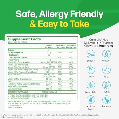 Culturelle Kids Complete Chewable Multivitamin + Probiotic For Kids, Ages 3+, 50 Count, Digestive Health, Oral Health & Immune Support - With 11 Vitamins & Minerals, including Vitamin C, D3 & Zinc