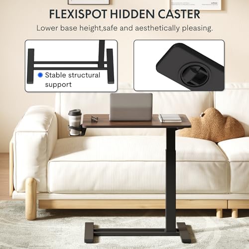 FLEXISPOT H7 Adjustable Overbed Bedside Table with Wheels Pneumatic Mobile Standing Desk Laptop Desk Rolling Computer Cart Movable Table Hospital Home Use(27.6" W x 15.7" D, Mahogany Table)