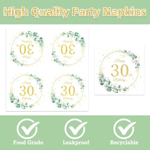 40Pcs Sege Greenery 30th Birthday Decorations for Her Him Eucalyptus-themed Plates and Napkins Set Party Supplies Disposable Sage Tableware for Men Women Happy 30th Birthday Decorations