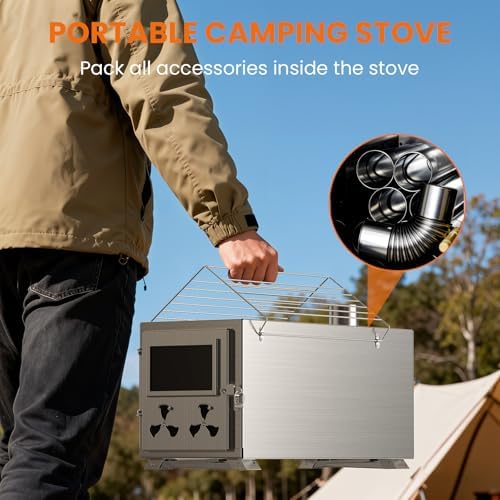 Upgraded Wood Burning Sauna Hot Tent Stove, 2 in 1 Tent Wood Burning Stove with Chimney Pipe for Outdoor Camping Heating, Camping, Hunting, Heating, Cooking, Ice Fishing, Boiling Water