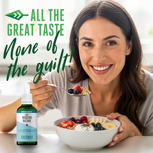 Modern Nature Coconut Flavor Liquid Stevia Drops Sweetener - Zero Calorie Sugar Free Coffee Syrup Alternative – Flavored Coffee, Protein Powder, Yoghurt, Tea, Keto, Paleo, Vegan, Non-GMO Sweetner