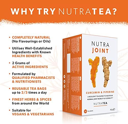 Nutra Tea NutraJoint – Joint Care Tea – Joint Mobility and Flexibility – Curcumin, Green Tea and Piperine – 20 Enveloped Tea Bags – Herbal Infusion – 1 Pack