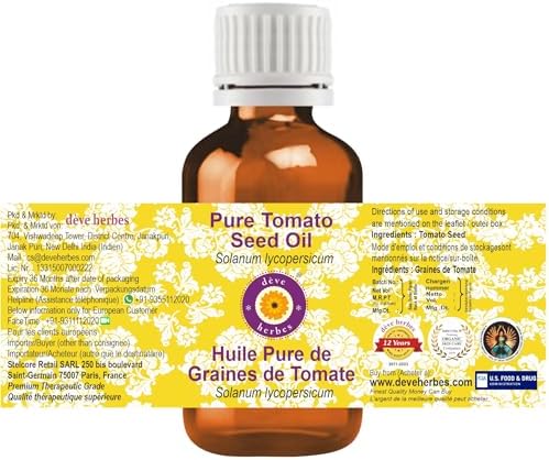 Deve Herbes Tomato Seed Oil (Solanum lycopersicum) with Glass Dropper | Cold Pressed | Pure | Natural | For Diluting Essential oils | For Skin & Massage | Non-Sticky| Lightweight| Unisex | 30ml (1 oz)