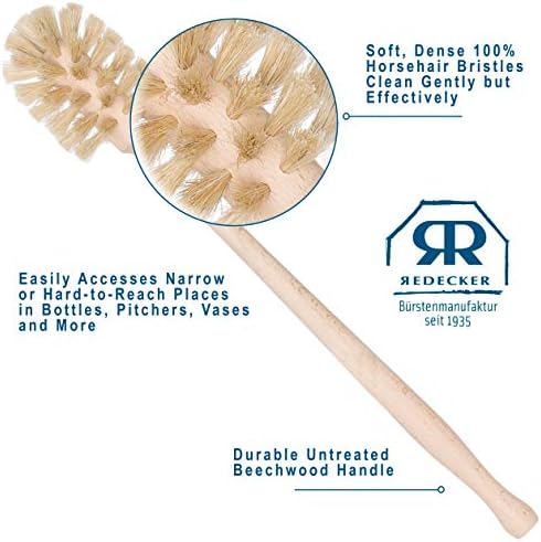 REDECKER Bottle Brush Cleaner - Horsehair and Beechwood Handle for Vases, Pitchers, Mugs, and Baby Bottles, 13-3/4 Inch, Dense Natural Bristles - Wooden Bottle Brush - Bottle Brush Wood Handle