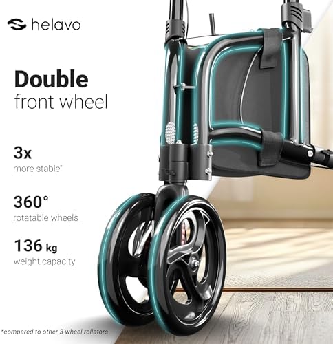 Helavo 3 Wheel Walker for Seniors with Double Front Wheels, Lightweight Foldable Narrow Walker for Small Spaces, Compact Aluminum Mobility Aid with Height Adjustable Handles