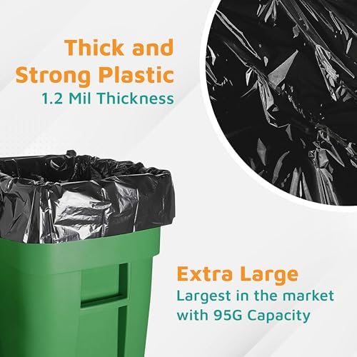 PlasticMill Heavy Duty Trash Bags - Black Garbage Bags - Plastic Trash Bags for Large Rolling Trash Bins - Tall Trash Bags - 95-Gallon Large Kitchen Trash Bags, 1.2 Mil, 61"x68" (50-Count)