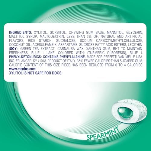 Mentos Pure Fresh Sugar Free Gum, Spearmint, 50 Piece Bottle, Pack of 6